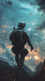 Lone tactical soldier overlooking burning futuristic cityscape.
