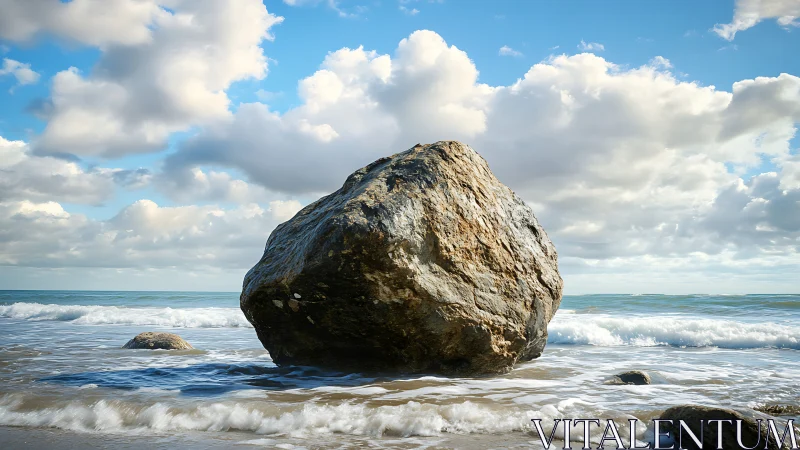 Monolithic sea rock under drifting clouds at low tide.