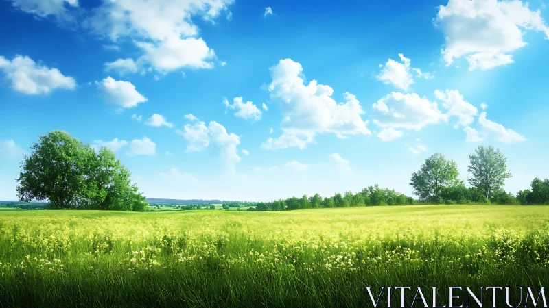 Sunlit meadow breathing under a cloud-dotted summer sky.