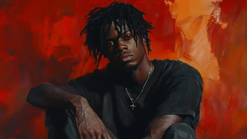 Moody draped figure against a storm-bright ember backdrop.