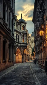 Historic European alley at dusk with ornate facades.