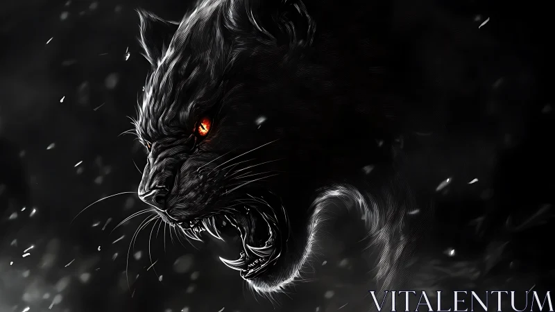 Snarling black panther reveals glowing eye in stormy dark