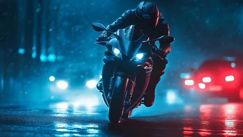 Neon-soaked sportbike charging through rainy night streets.