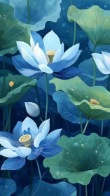 Blue lotus flowers and large green leaves in stylized pond.