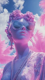 Surreal neon portrait under pink palms and summer sky.