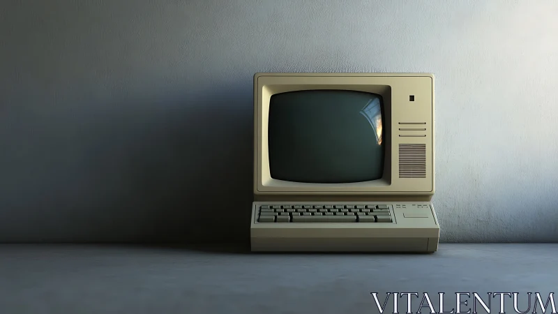 Vintage beige computer rests against softly lit gray wall.