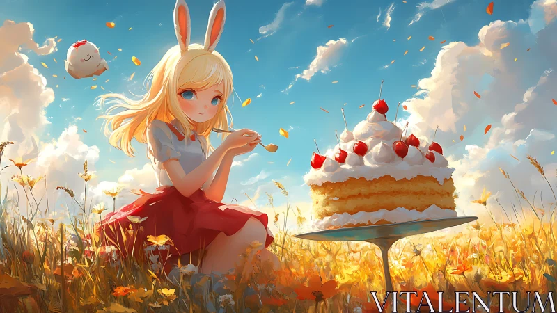 Blonde bunny girl with cake in radiant anime meadow.