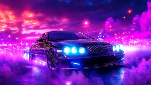 Sports sedan moves through neon-lit fog on reflective roadway