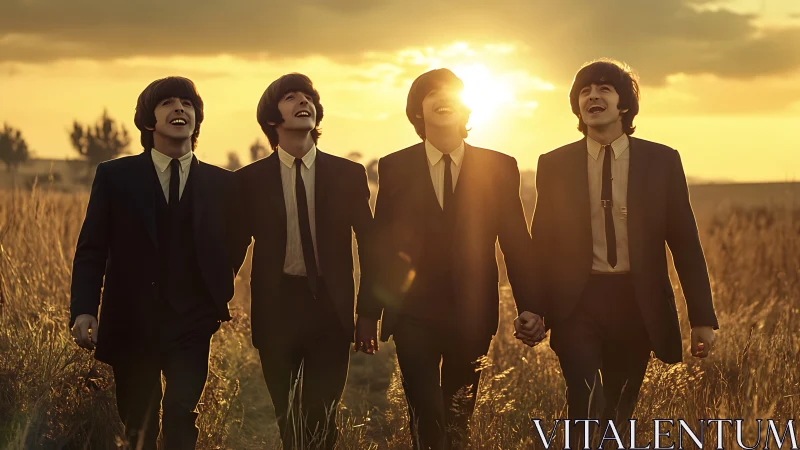 Retro-styled band walking through golden sunset field.