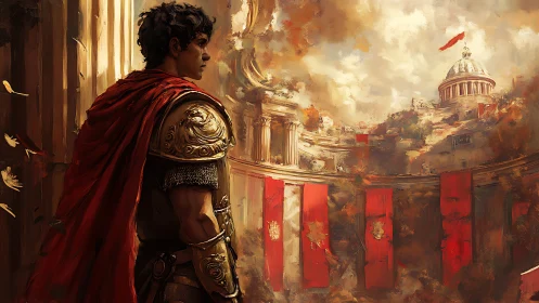 Roman legionary surveys monumental forum in dramatic light