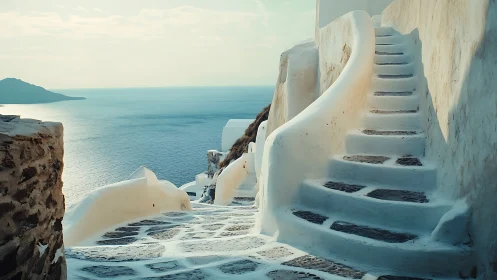 Sunlit coastal staircase winding through whitewashed walls.