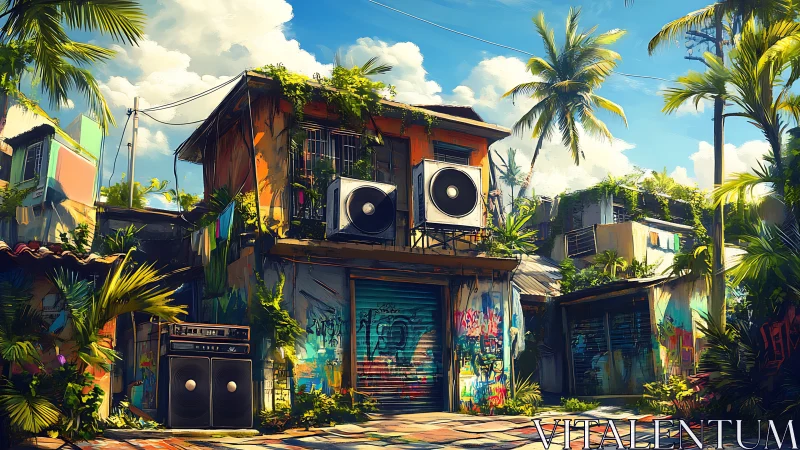 Tropical alley soundstage with graffiti storefronts and vines
