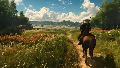 Lone rider wandering a sunlit country path in bloom.