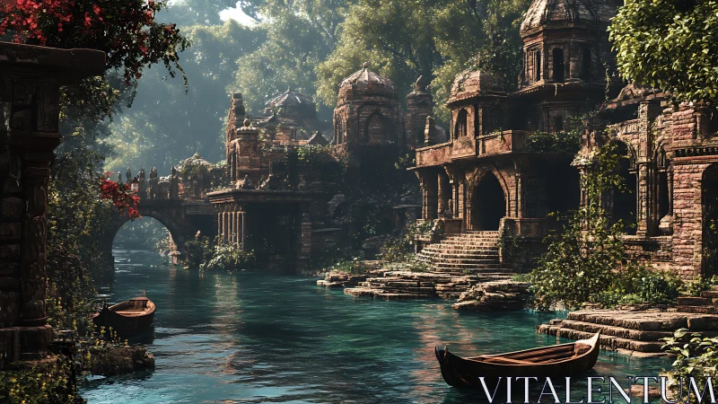 Riverside lost temple complex with carved sandstone domes