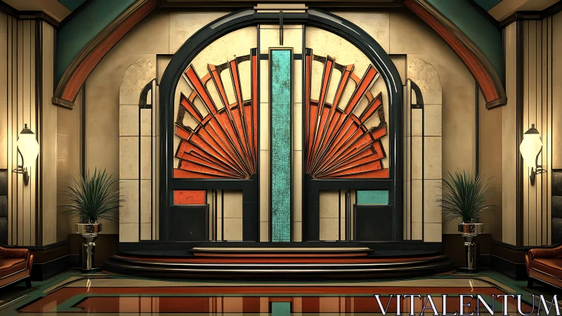 Symmetrical Art Deco lobby portal with stylized radial fan panels