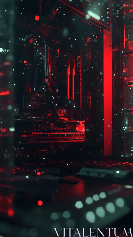 Liquid-cooled gaming PC interior under red LED glow.