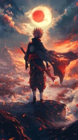 Lone anime warrior quietly greets a burning sky of destiny