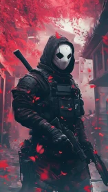 Masked cyber-assassin advances through crimson alleyway haze