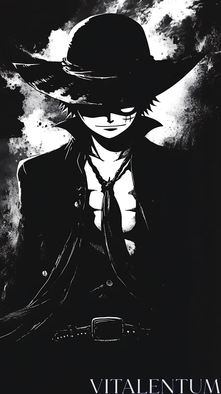 Shadowed anime gunslinger framed in stark monochrome light.