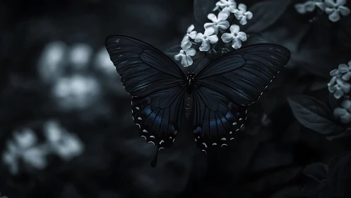 Nocturnal black butterfly macro on white garden blooms.