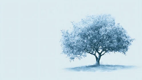Solitary tree in minimalist blue digital painting on pale background.