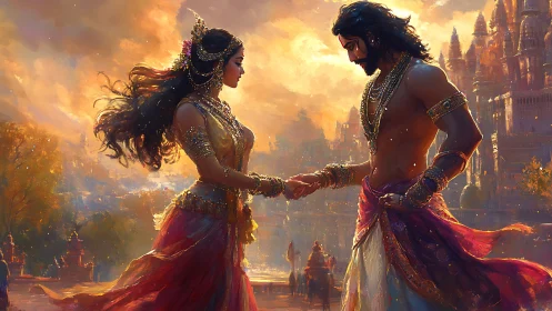 Sunlit royal lovers clasp hands in a mythic riverside city.