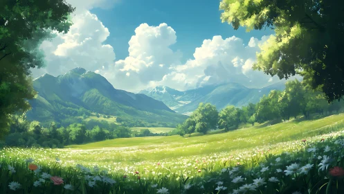 Sunny wildflower valley opening toward soft blue mountains.