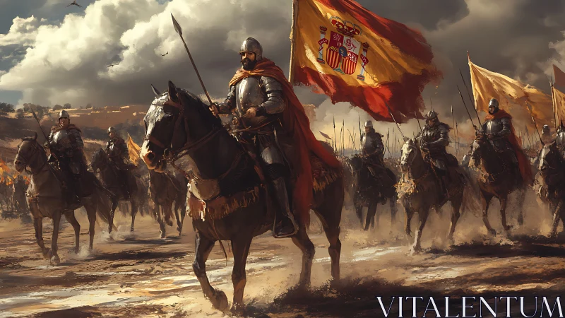 Armored Spanish cavalry charge with heraldic standards unfurled.