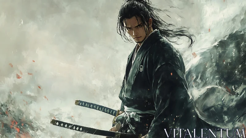 Lone samurai stands in swirling mist, calm yet powerful.