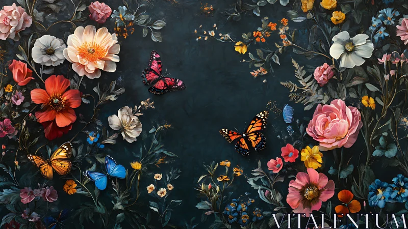 Floral Garden with Butterflies on Dark Background.