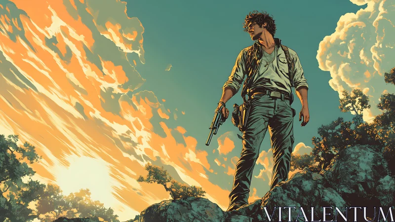 Sunset gunslinger stands on rocky ridge under blazing sky.