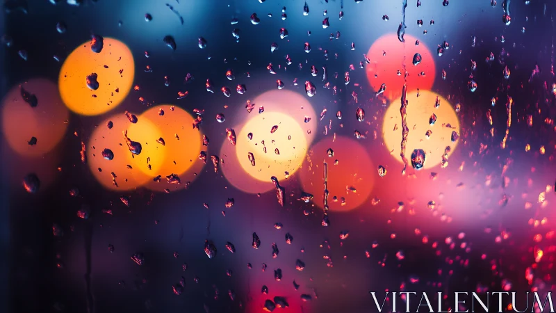 Raindrop constellations drift across blurred neon night