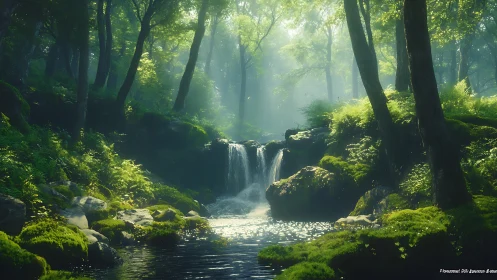 Temperate forest stream with cascading waterfall in misty woodland environment
