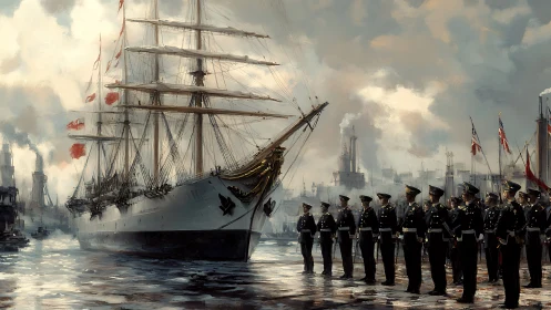 Tall ship salutes a polished naval line beneath smokey skies