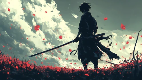 Lone samurai studies red field beneath sweeping storm clouds