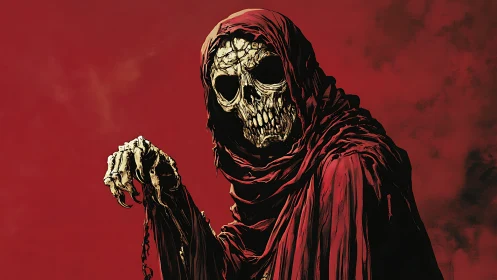 Hooded skeletal figure in red cloak against dark sky.