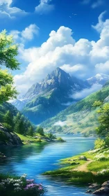 Gentle river winds through bright mountains under soft clouds