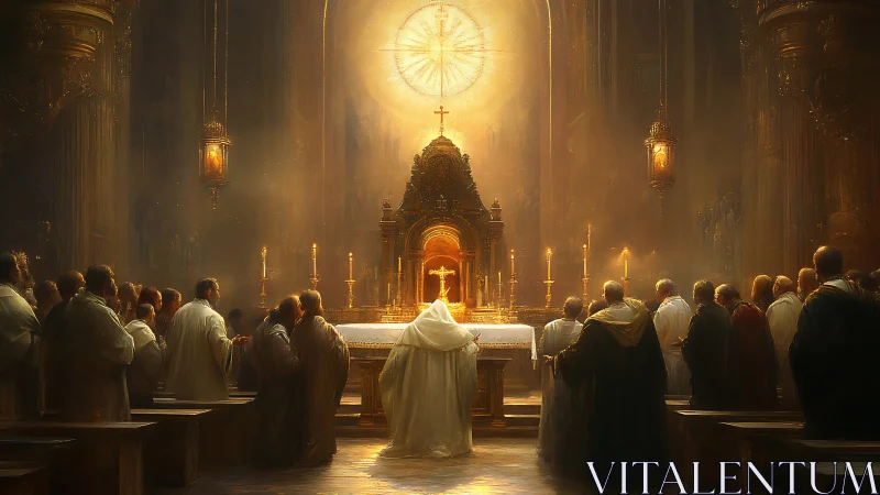 Clergy gather before illuminated altar in ornate cathedral