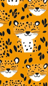 Cheerful Leopard Faces Dance Across Bright Golden Background