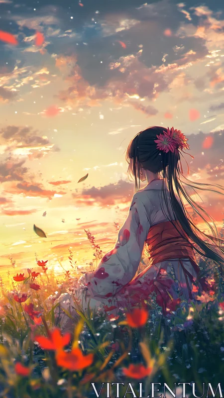 Sunset kimono daydream in a meadow of wandering petals.
