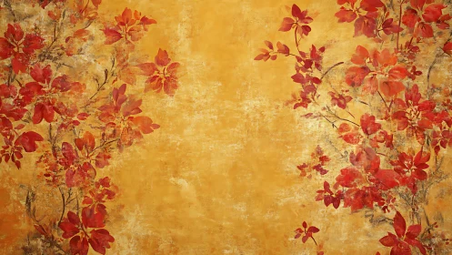Red floral branches overlay a textured yellow background