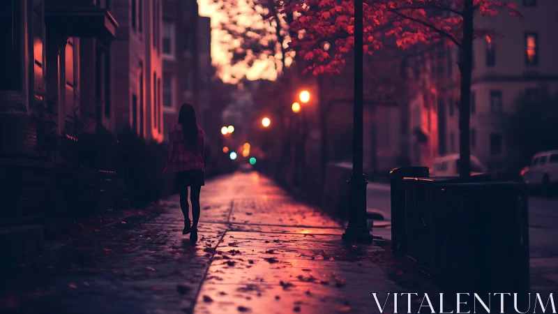Solitary figure walking down wet city street at dusk.