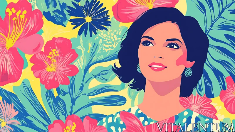 Vibrant Pop Art Portrait of Woman with Colorful Floral Background.