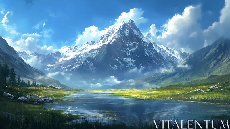 Snowcapped peak crowns luminous alpine valley lake.