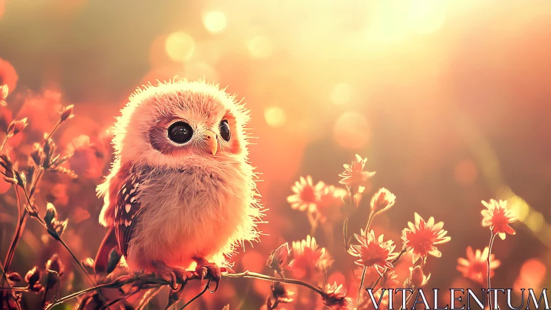 Fluffy baby owl in dreamy sunset, surrounded by warm wildflowers.