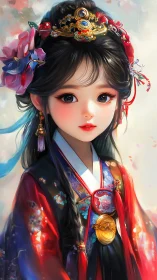 Regal hanfu girl in jeweled crown under soft painterly light.