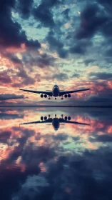 Jet descends through painted dusk, mirrored on still water.