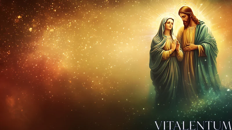 Sacred robed figures stand in radiant golden starlit glory