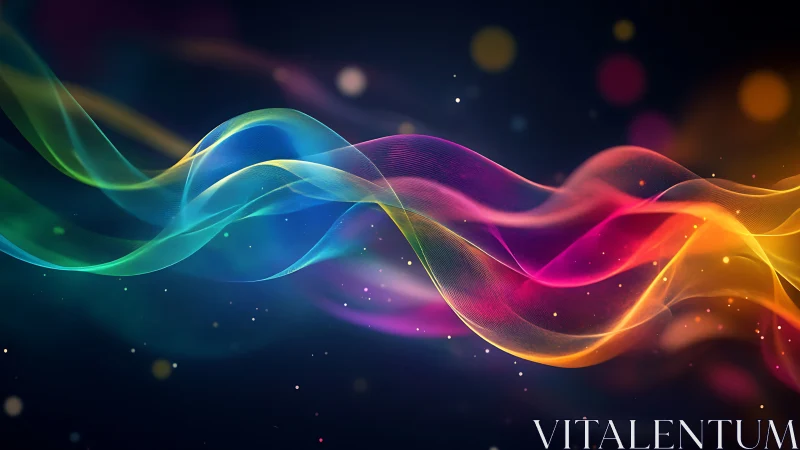 Colorful light waves flowing across dark abstract space.