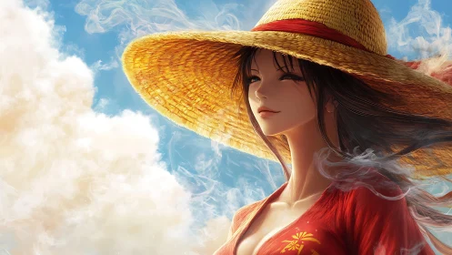 Sunlit anime woman in straw hat over luminous clouds.